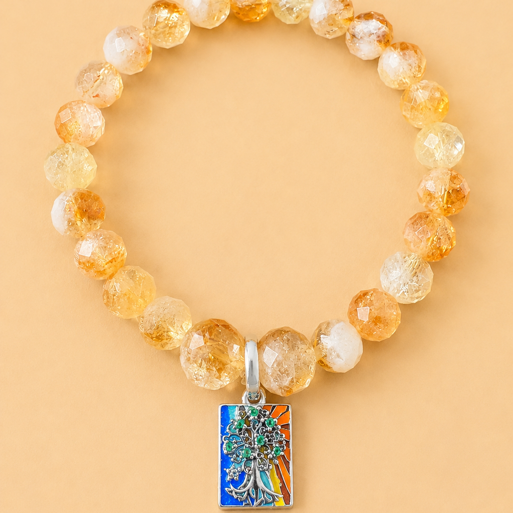 Bracelet en Citrine avec pendentif Arbre de Vie, Soleil & Croissant de Lune (Protection, santé et chance)