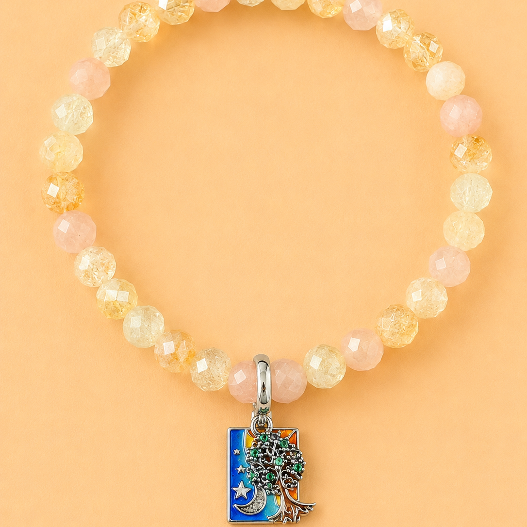 Bracelet en Citrine et Quartz rose avec pendentif Arbre de Vie, Soleil & Croissant de Lune (Protection, sante, amour, chance)