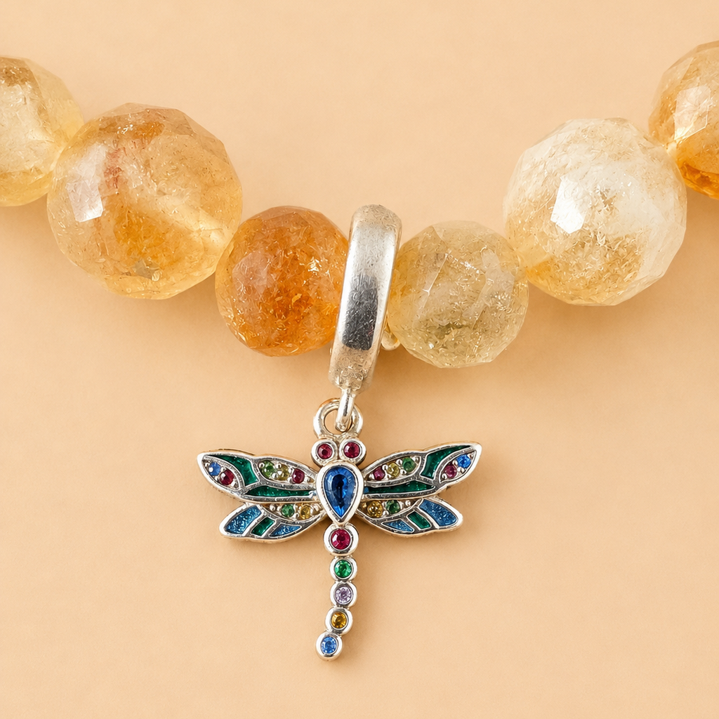 Bracelet en Citrine avec pendentif Libellule (Transformation & Liberté)