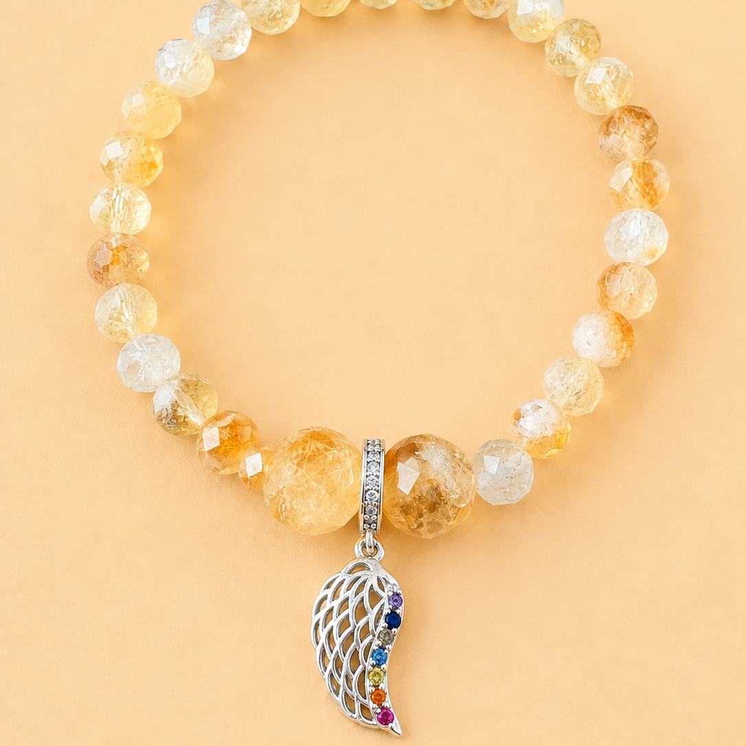 Bracelet en Citrine avec pendentif Aile d'ange (Protection, guidance, liberté)