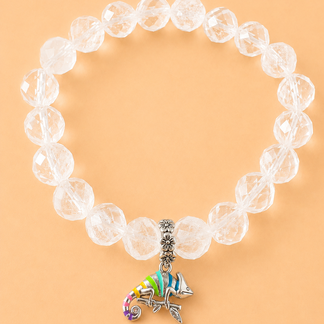 Bracelet en Cristal de Roche avec pendentif Caméléon (Capacité à avancer, équilibre, confiance)