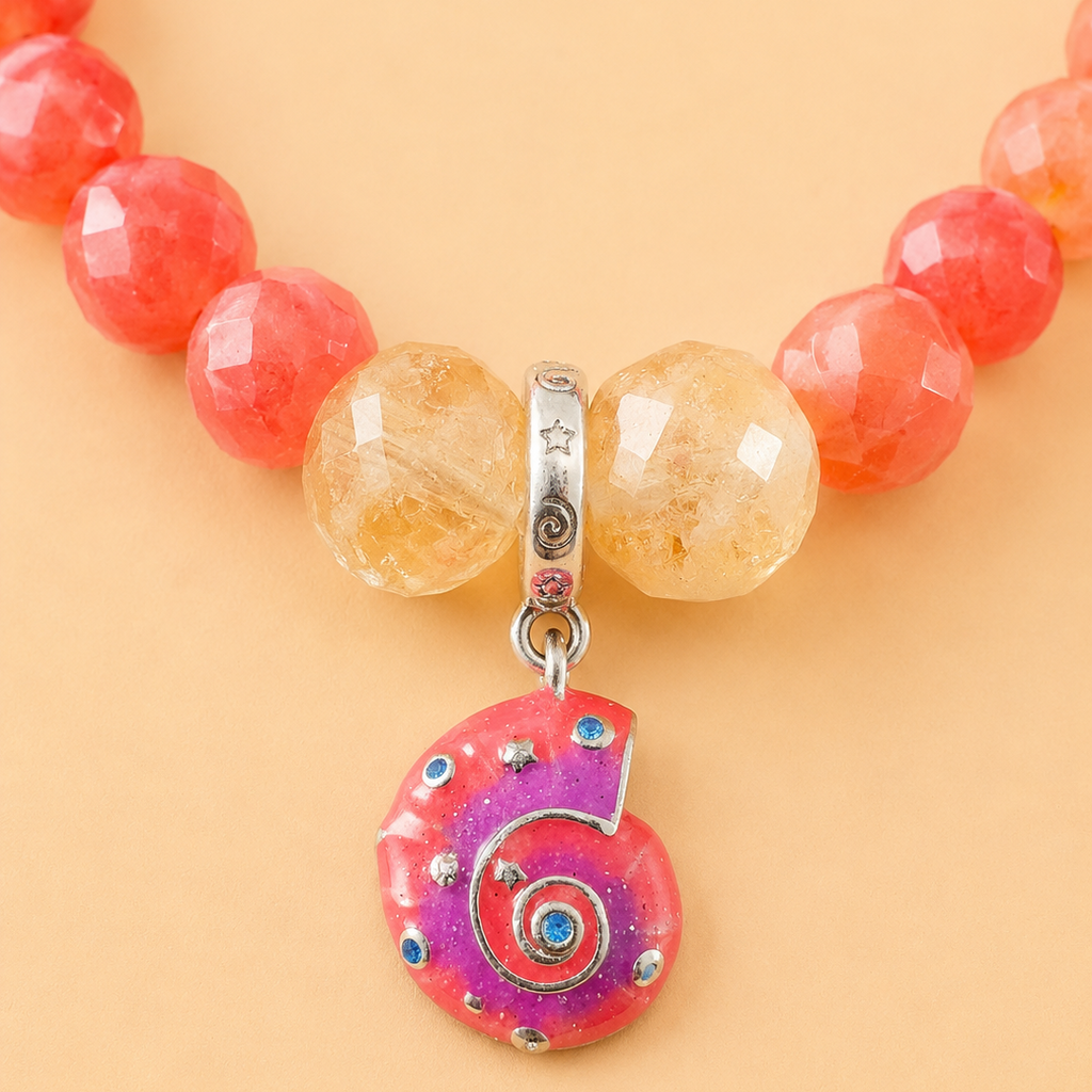 Bracelet en Cornaline et Citrine avec pendentif Coquillage (Sante, confiance en soi, protection)