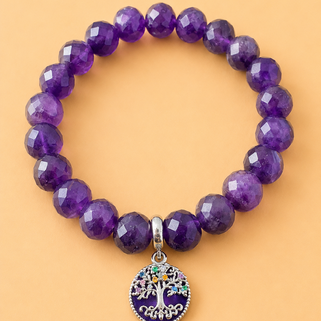 Bracelet en Améthyste avec pendentif Arbre de vie (Chance et stabilité intérieure)
