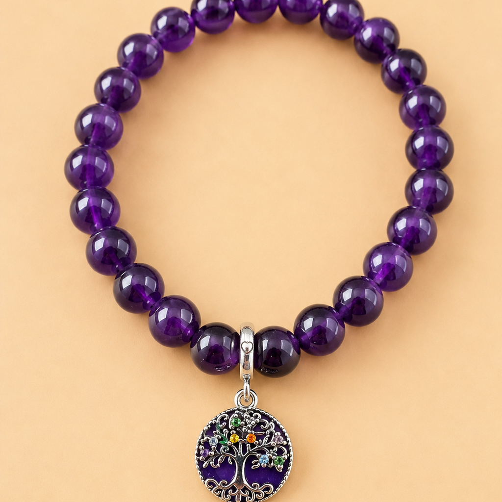 Bracelet en Améthyste avec pendentif Arbre de vie (Chance et stabilité intérieure)