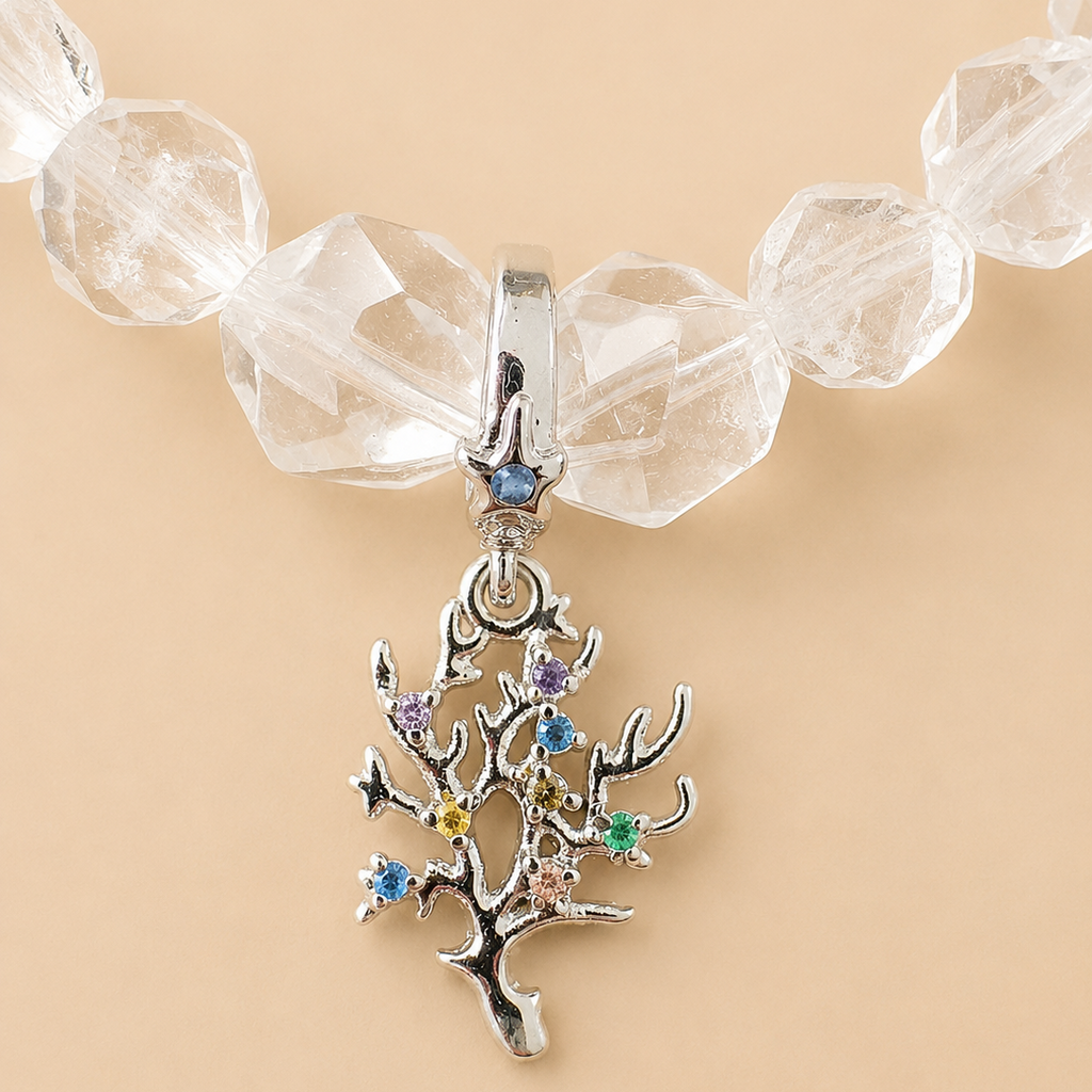Bracelet en Cristal de Roche avec pendentif Corail (Energie et protection)