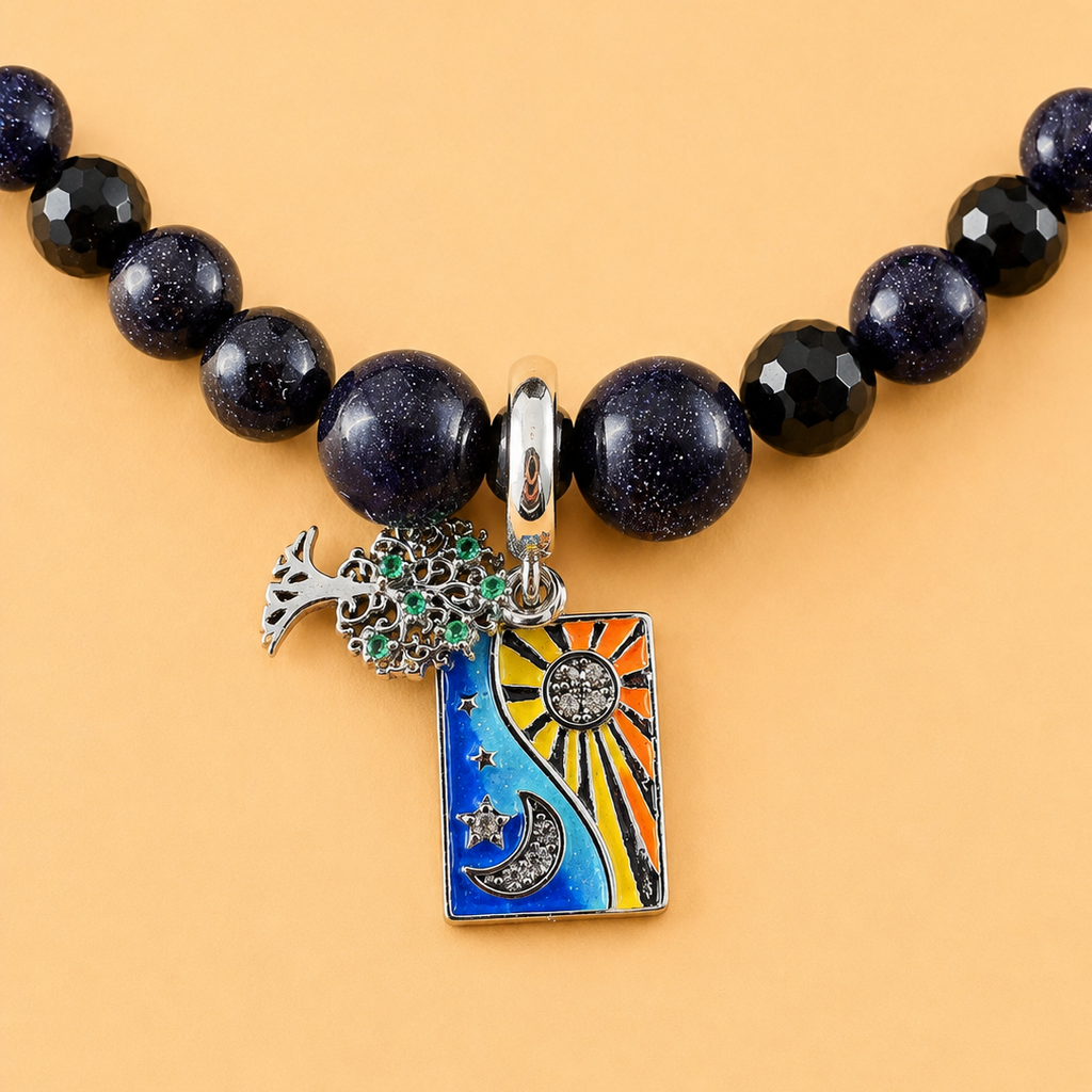 Bracelet en Aventurine et Sable Bleu – Arbre de Vie, Soleil, Croissant de Lune (Harmonie, estime de soi, vitalité)