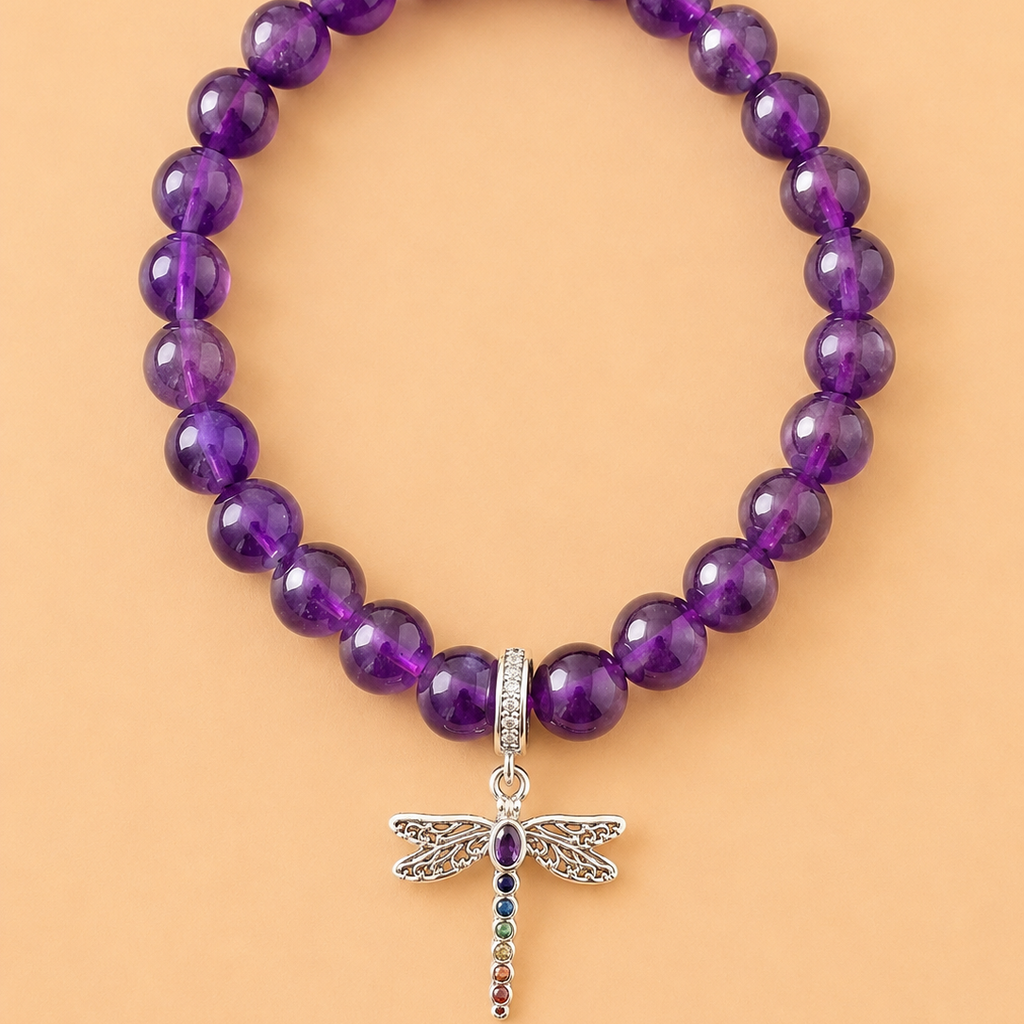 Bracelet en Améthyste avec pendentif Libellule (Force intérieure)
