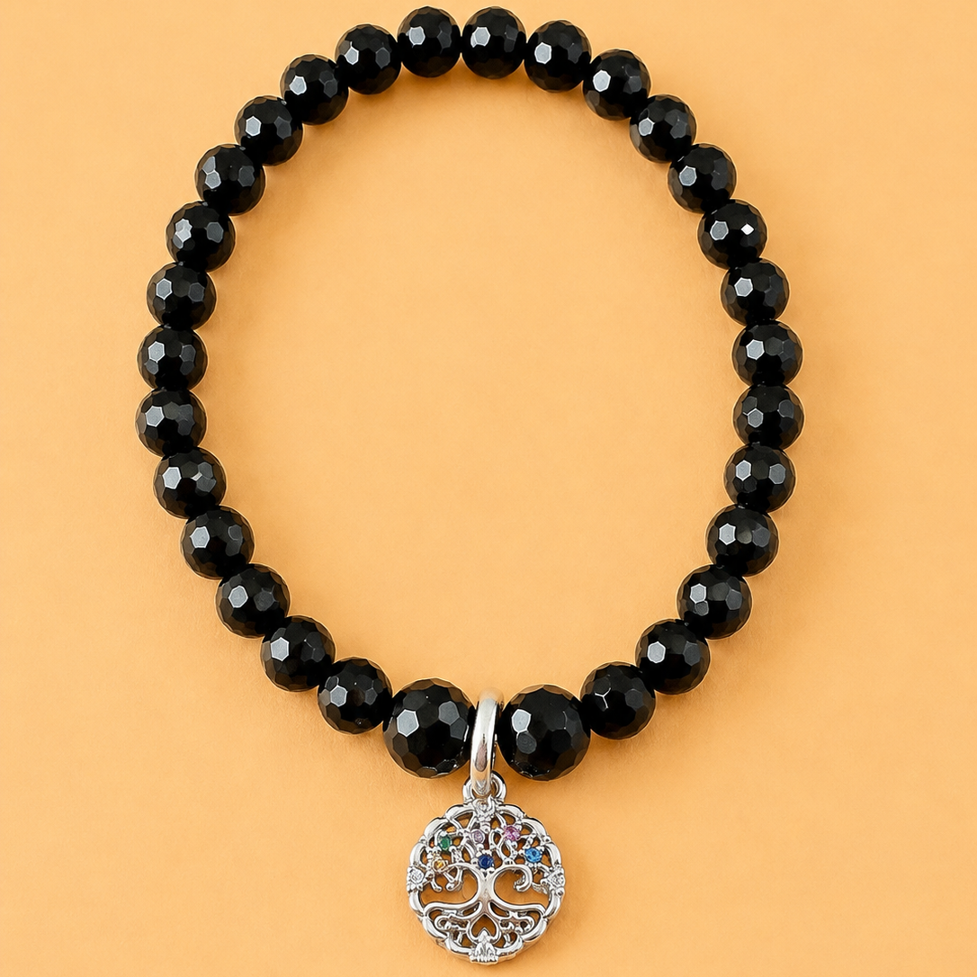 Bracelet en Onyx noir avec pendentif Arbre de Vie (protection, équilibre, épanouissement)