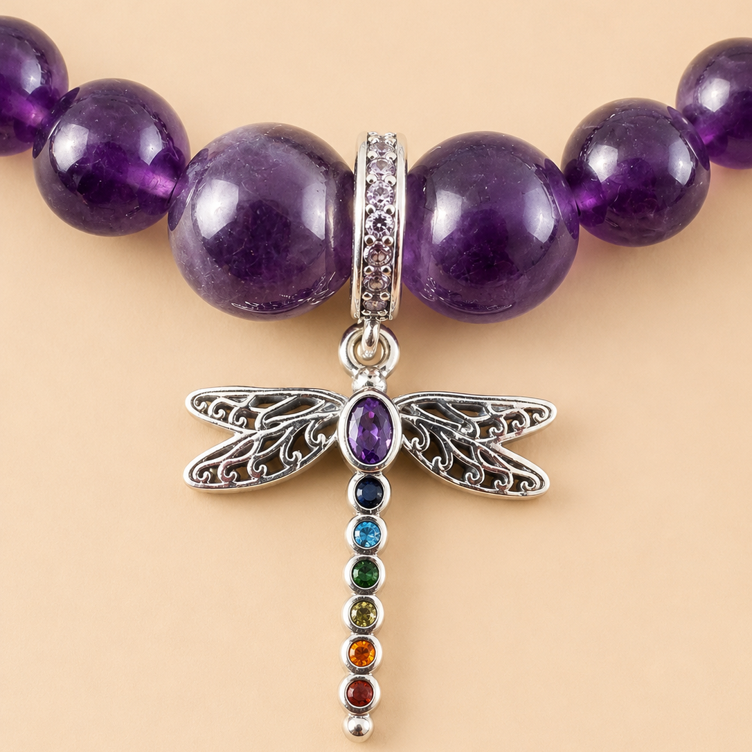 Bracelet en Améthyste avec pendentif Libellule (Force intérieure)