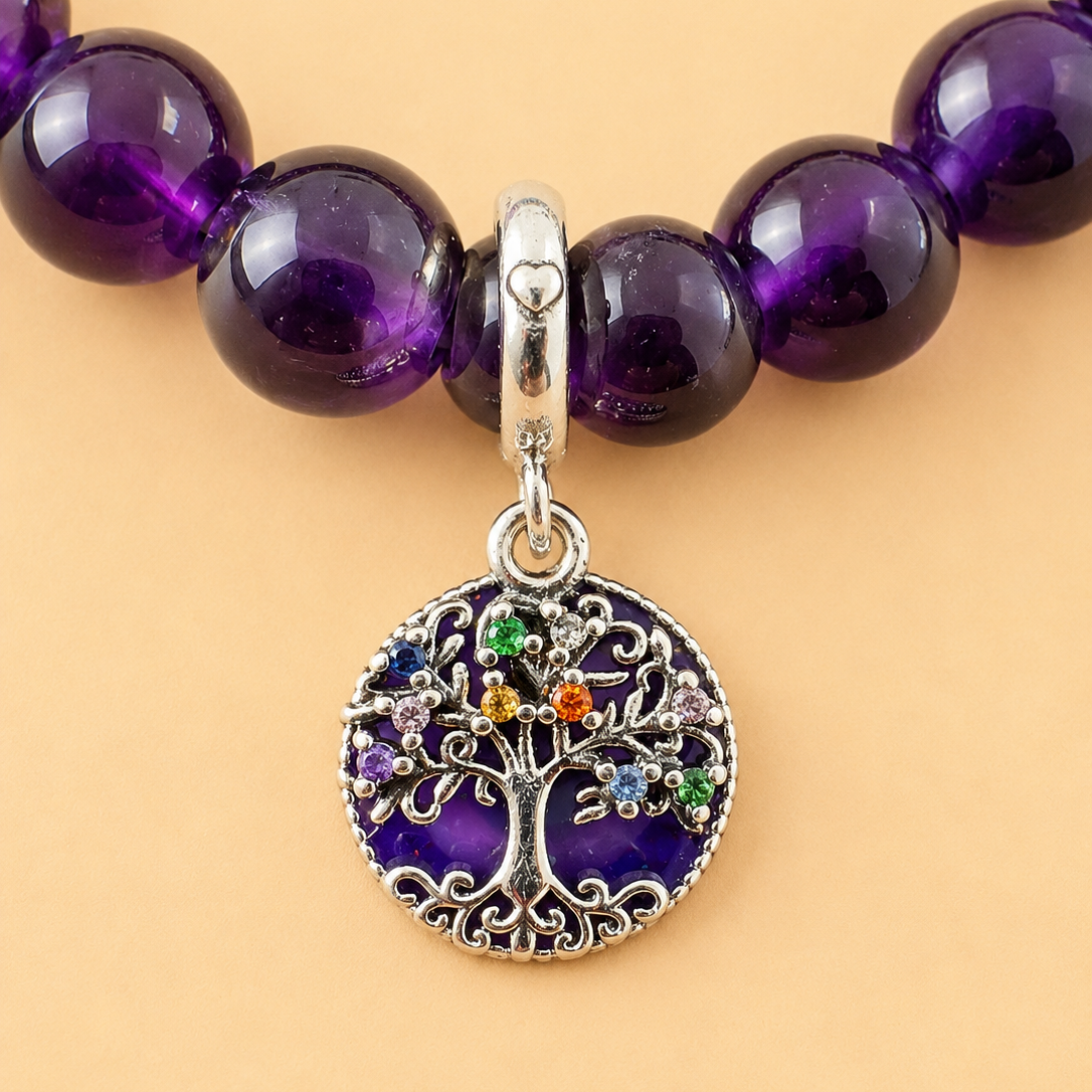 Bracelet en Améthyste avec pendentif Arbre de vie (Chance et stabilité intérieure)
