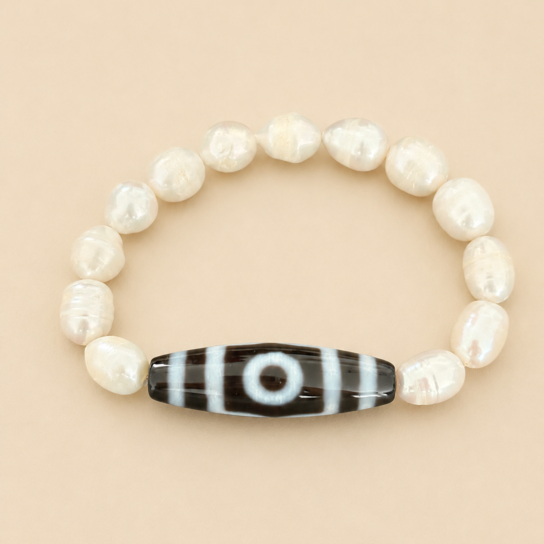 Amulette DZI Trois yeux (Bonheur, Richesse, Longévité) Agate/Perles d'eau douce