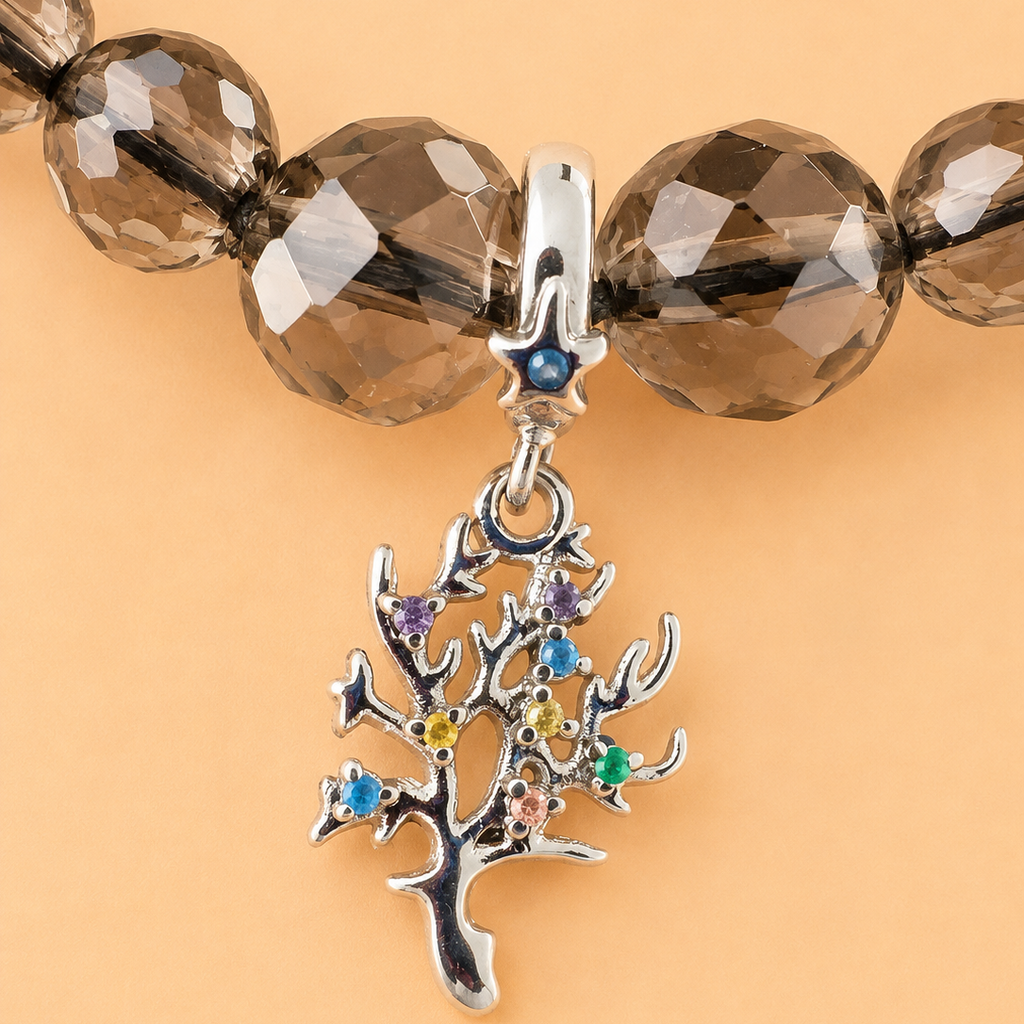 Bracelet en Quartz Fumé (Rauchtopaz) avec pendentif Corail (Ancrage, protection, force, vitalité, renouveau)