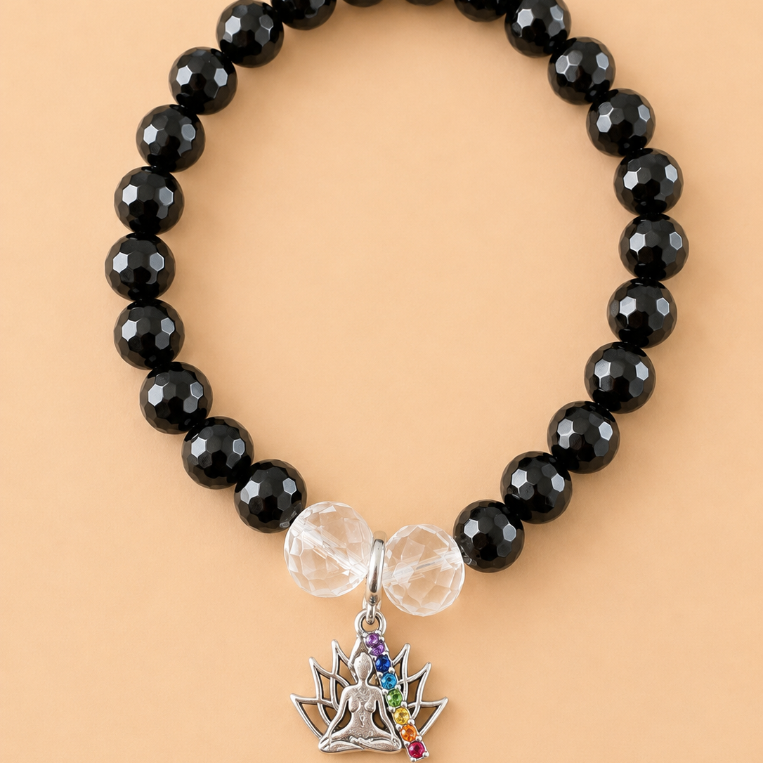 Bracelet en Onyx noir, Cristal de roche avec pendentif Bouddha (Protection,stabilité émotionnelle)