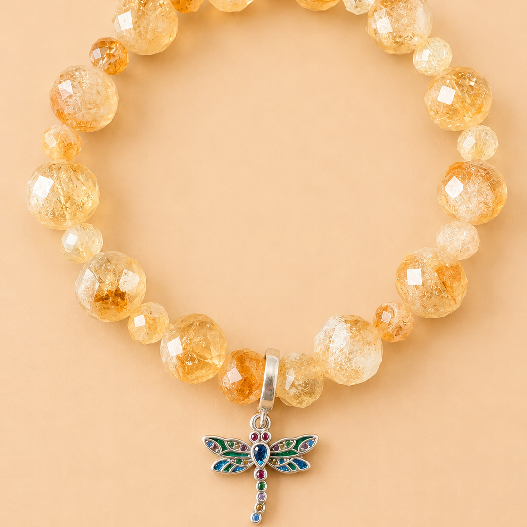 Bracelet en Citrine avec pendentif Libellule (Transformation & Liberté)