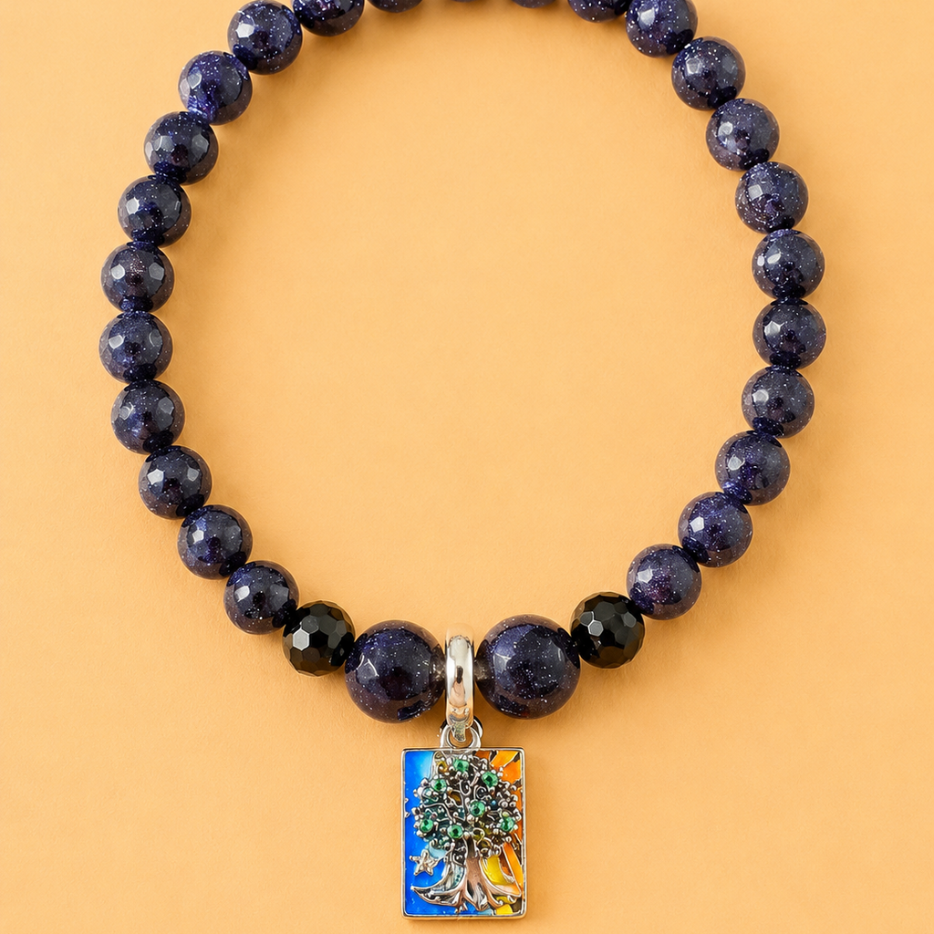 Bracelet en Aventurine et Sable Bleu – Arbre de Vie, Soleil, Croissant de Lune (Harmonie, estime de soi, vitalité)