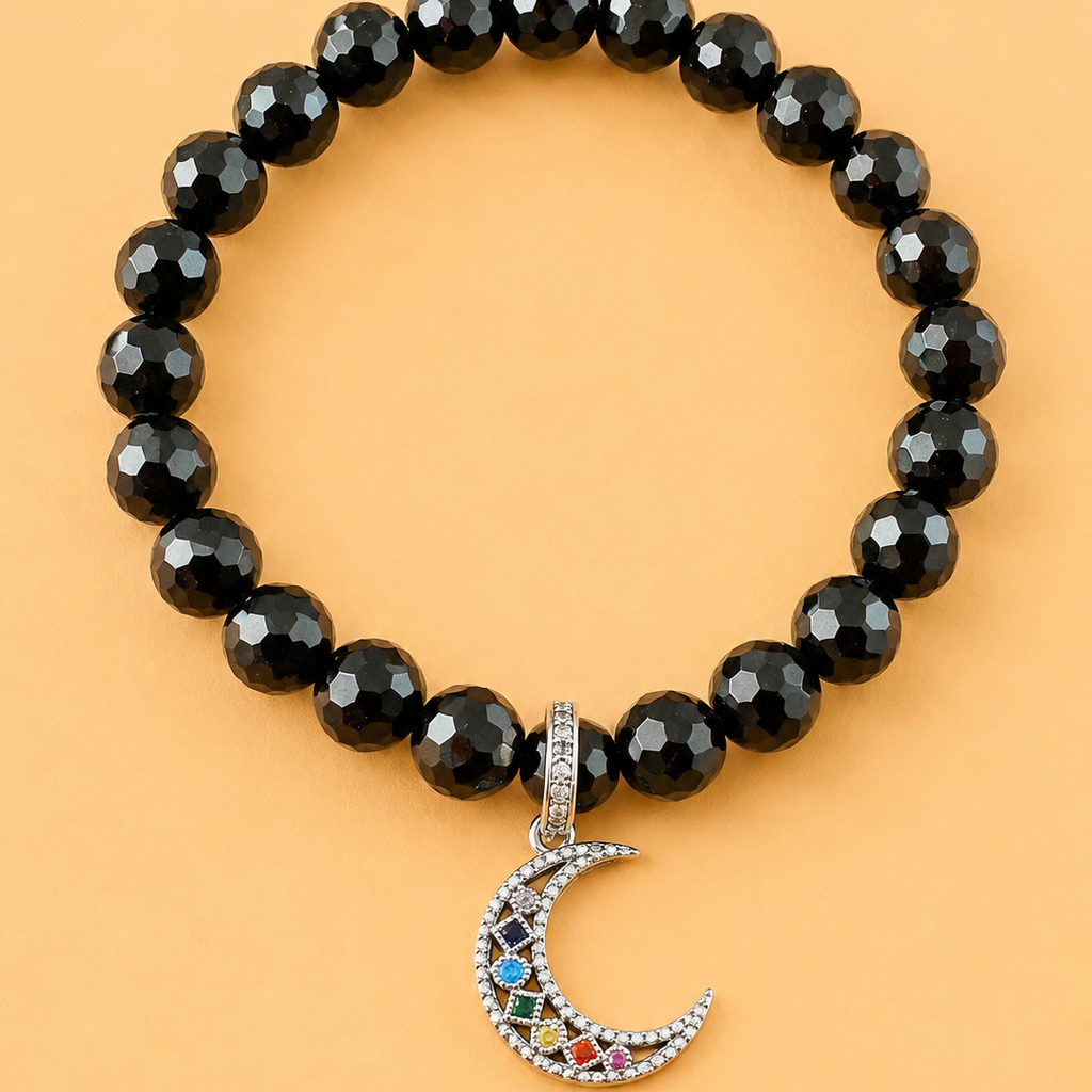 Bracelet en Onyx noir avec pendentif Croissant de Lune (Protection, transformation)