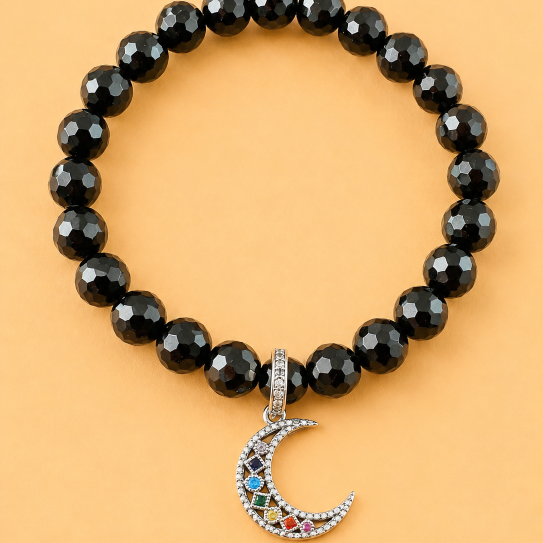 Bracelet en Onyx noir avec pendentif Croissant de Lune (Protection, transformation)
