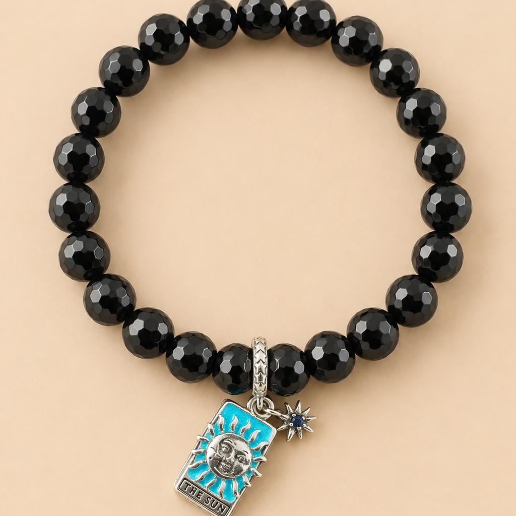 Bracelet en Onyx noir avec pendentif Le Soleil (Force et protection)