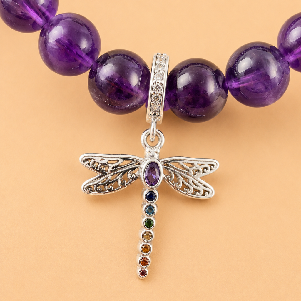 Bracelet en Améthyste avec pendentif Libellule (Force intérieure)