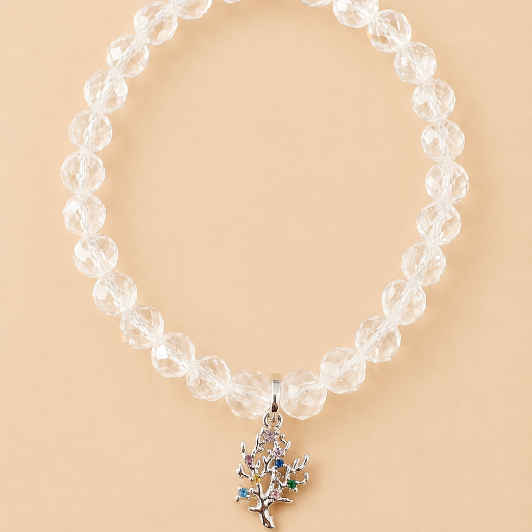 Bracelet en Cristal de Roche avec pendentif Corail (Energie et protection)