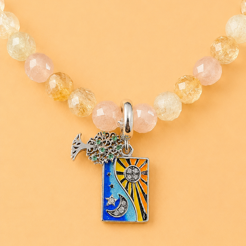 Bracelet en Citrine et Quartz rose avec pendentif Arbre de Vie, Soleil & Croissant de Lune (Protection, sante, amour, chance)