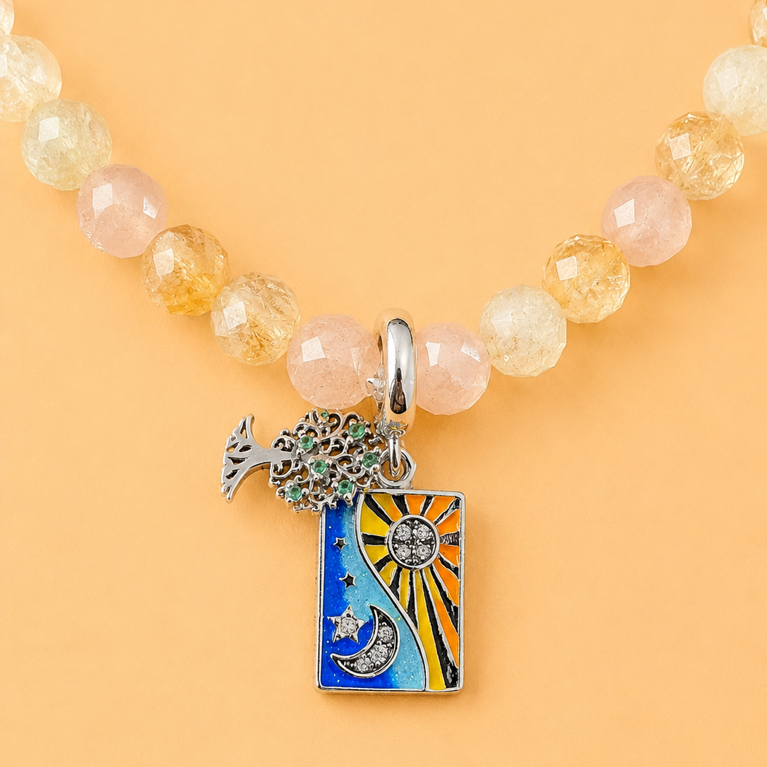 Bracelet en Citrine et Quartz rose avec pendentif Arbre de Vie, Soleil & Croissant de Lune (Protection, sante, amour, chance)