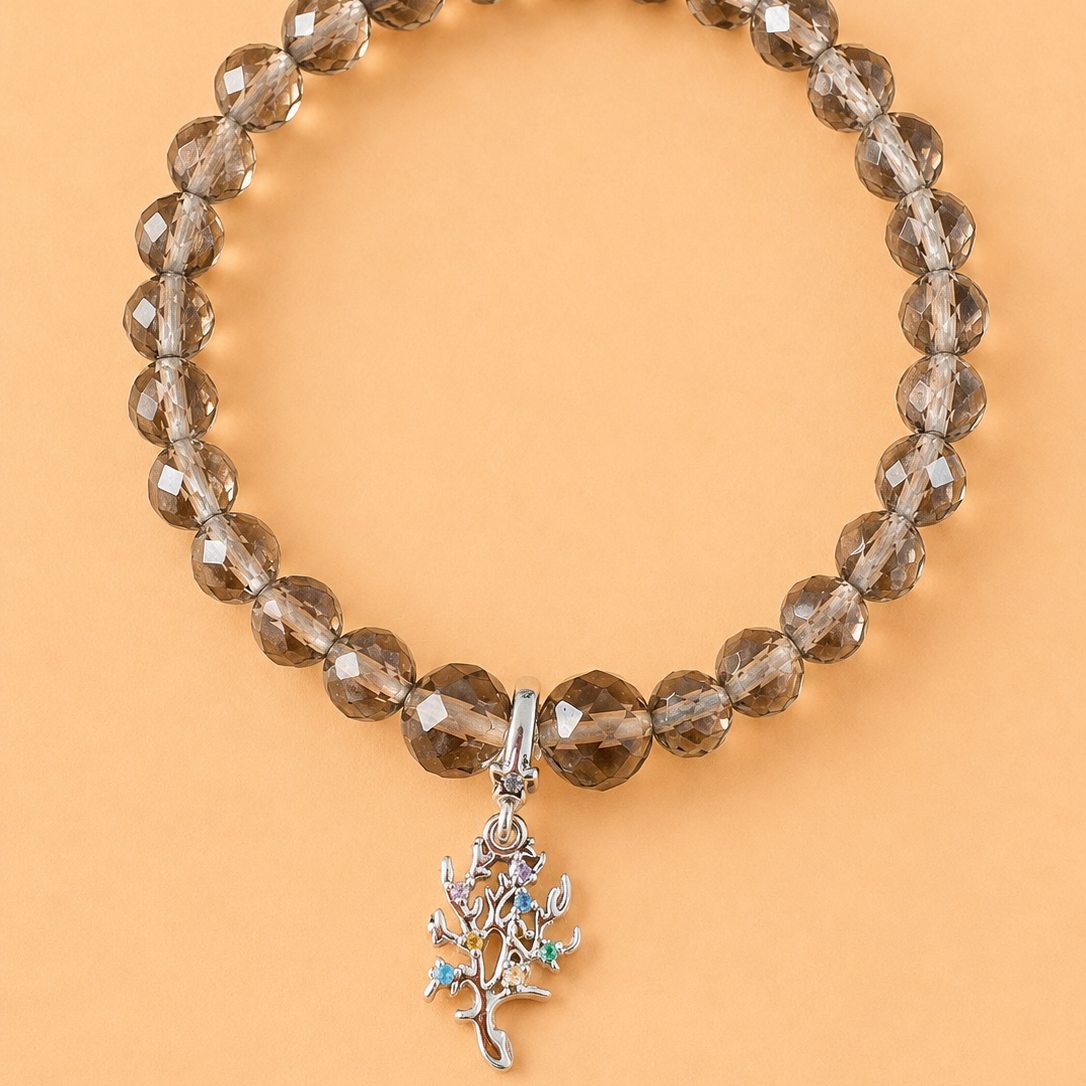 Bracelet en Quartz Fumé (Rauchtopaz) avec pendentif Corail (Ancrage, protection, force, vitalité, renouveau)