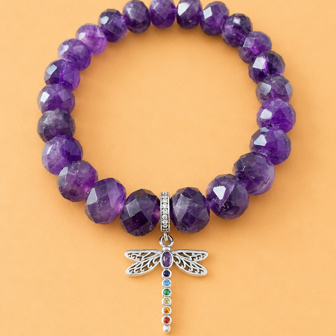 Bracelet en Améthyste avec pendentif Libellule (Force intérieure)