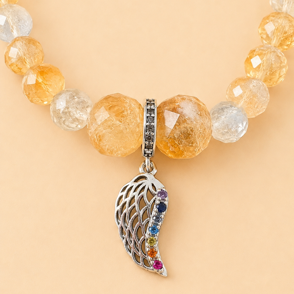 Bracelet en Citrine avec pendentif Aile d'ange (Protection, guidance, liberté)