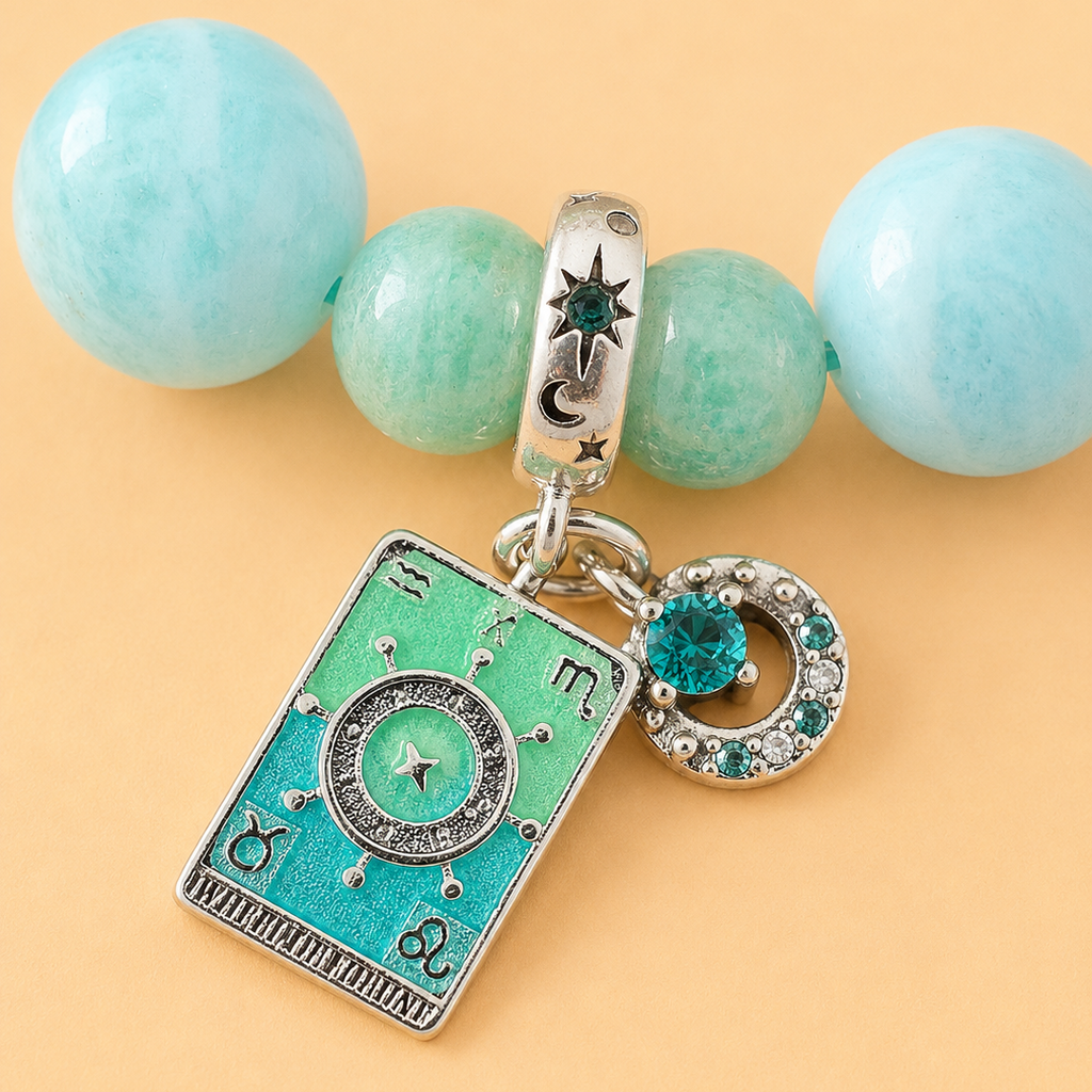 Bracelet en Larimar et Amazonit avec pendentif Roue de la fortune (Équilibre, renouveau, chance, évolution)