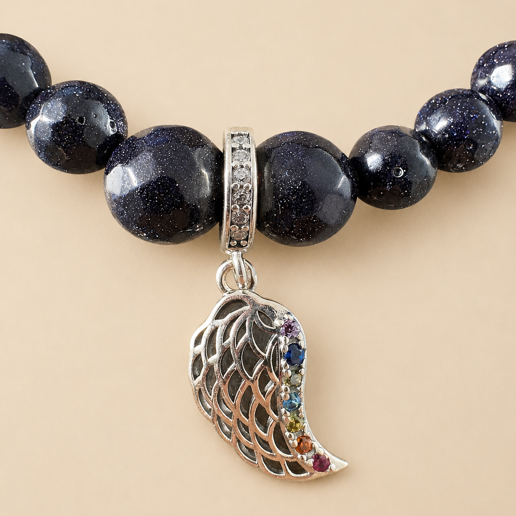 Bracelet en Aventurine et Sable Bleu avec pendentif Aile d'ange (Protection, estime de soi, guidance, liberté)