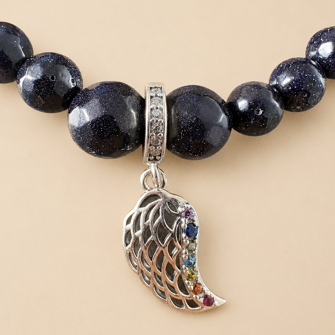 Bracelet en Aventurine et Sable Bleu avec pendentif Aile d'ange (Protection, estime de soi, guidance, liberté)