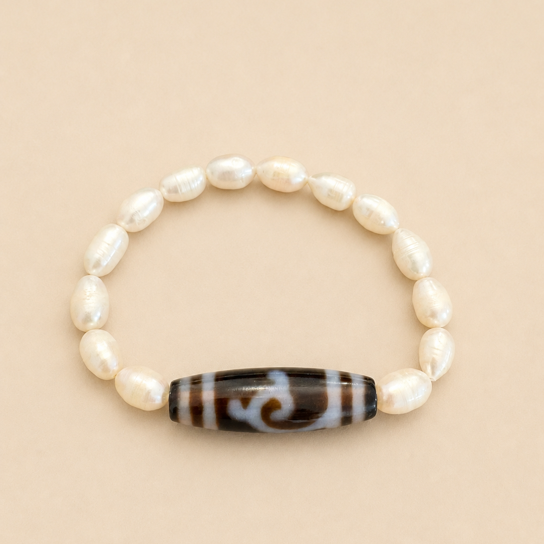 Amulette DZI Tara (Protection) Agate/Perle d'eau douce