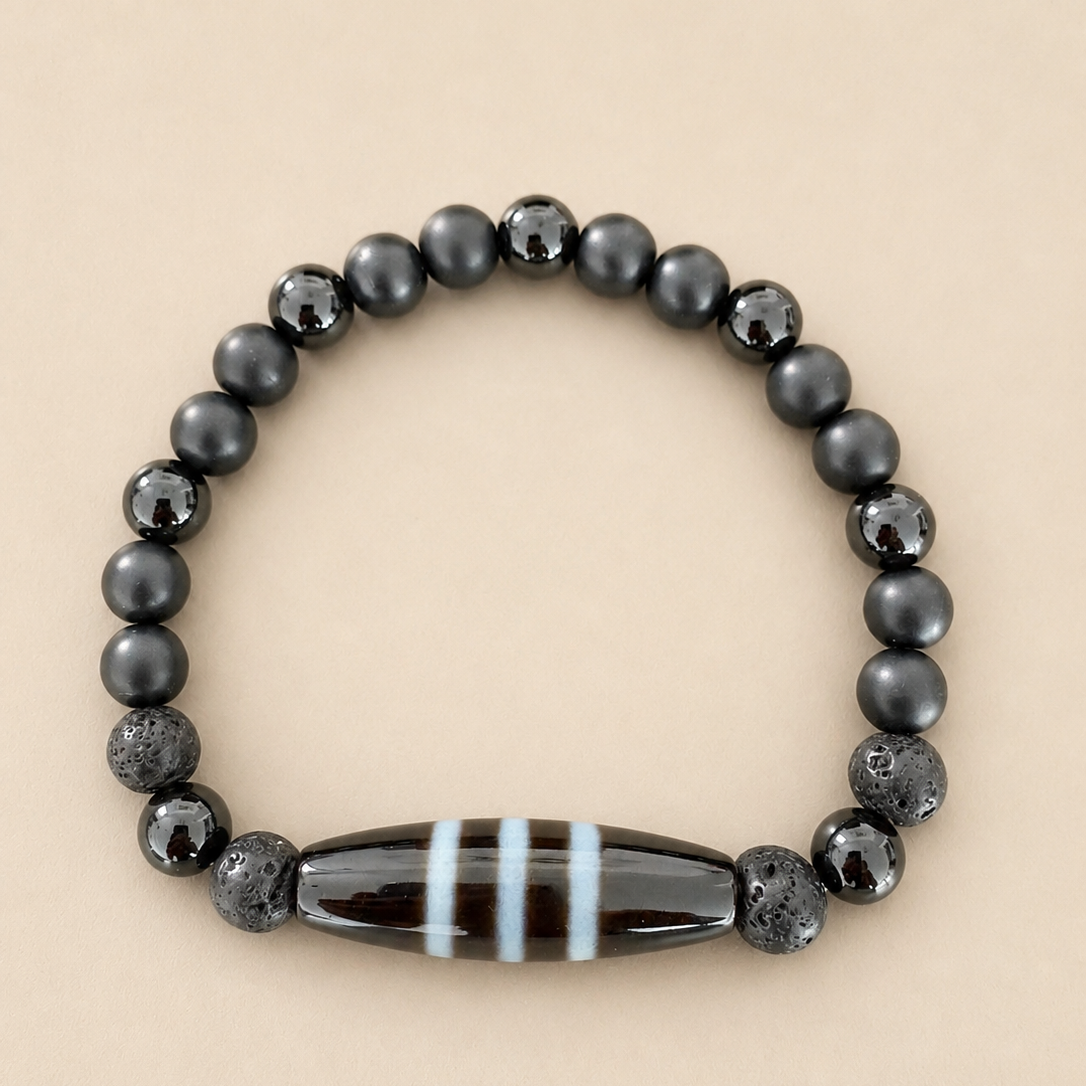 Amulette DZI Rayé (Vie Confortable) Agate/Tourmaline/Onyx/Pierre de lave