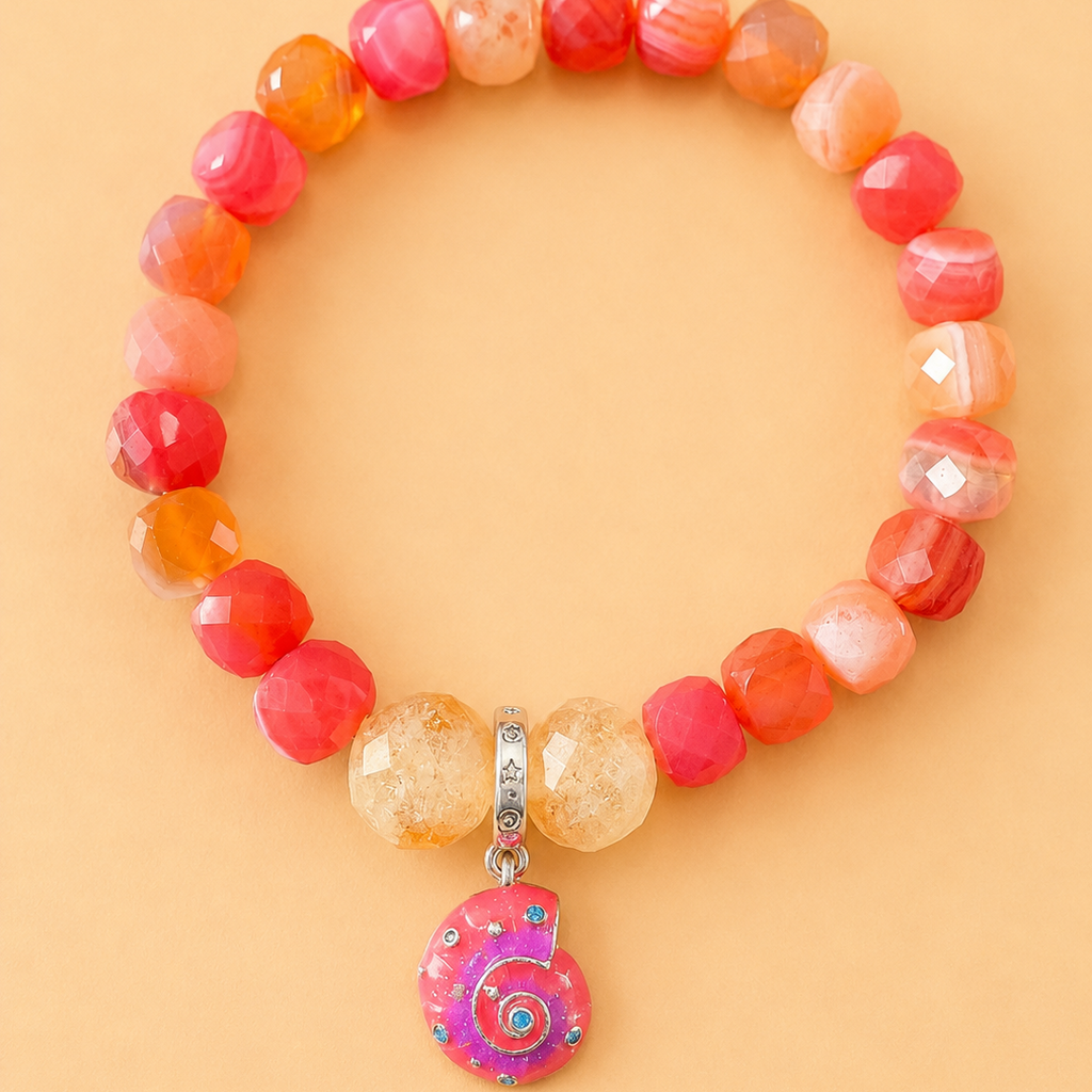 Bracelet en Cornaline et Citrine avec pendentif Coquillage (Sante, confiance en soi, protection)