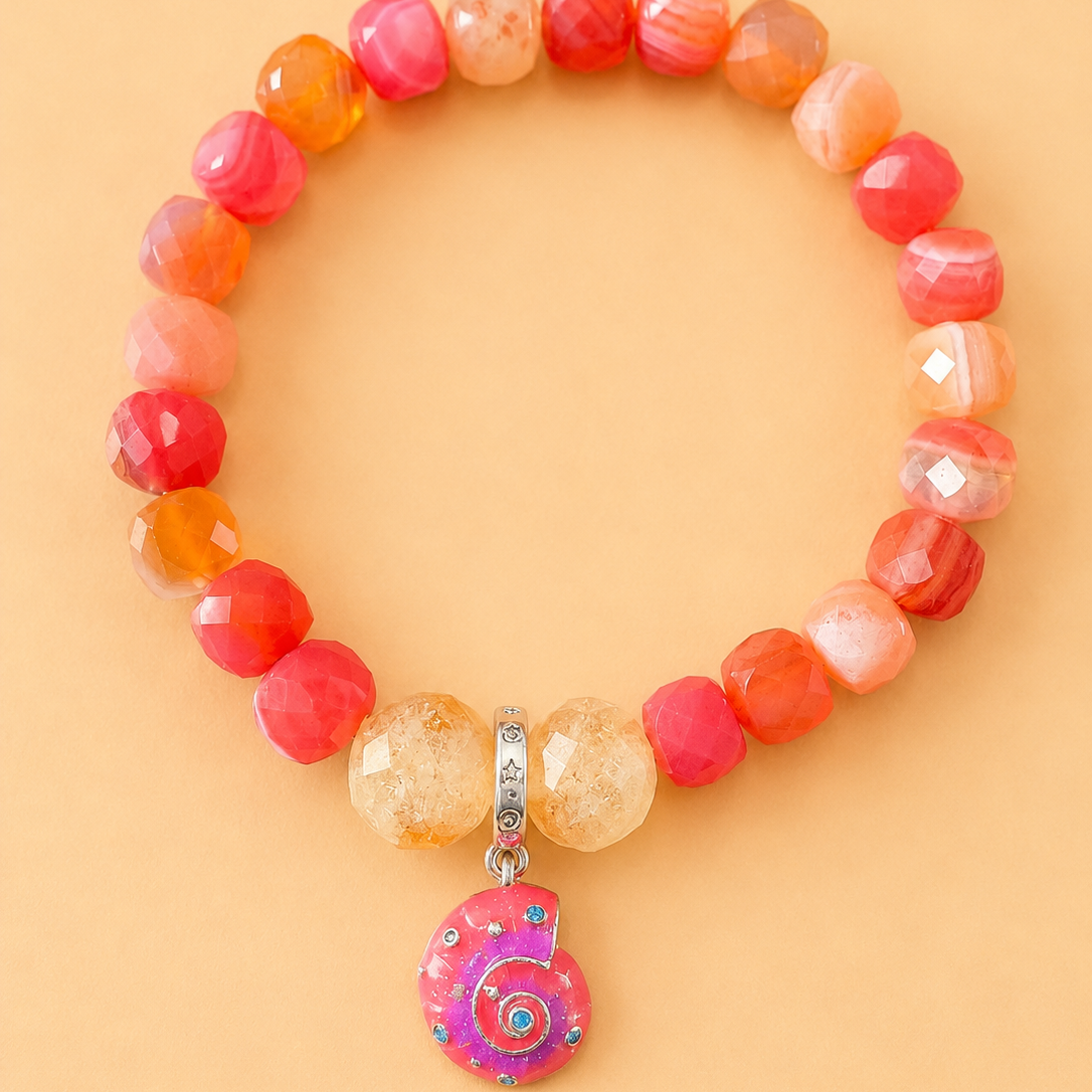 Bracelet en Cornaline et Citrine avec pendentif Coquillage (Sante, confiance en soi, protection)