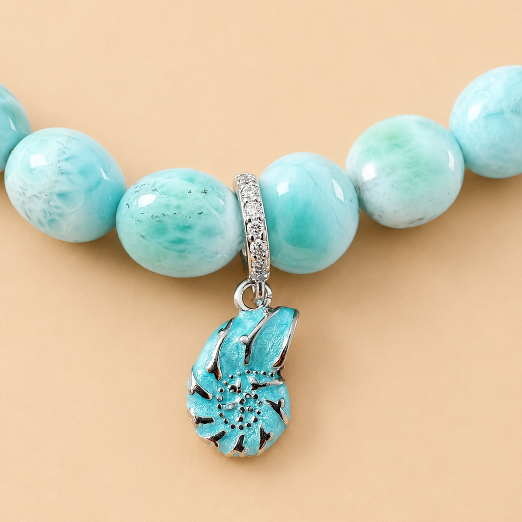 Bracelet en Larimar avec pendentif Coquillage (Sérénité, détente, equilibre, harmonie)