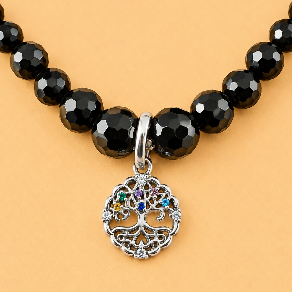 Bracelet en Onyx noir avec pendentif Arbre de Vie (protection, équilibre, épanouissement)