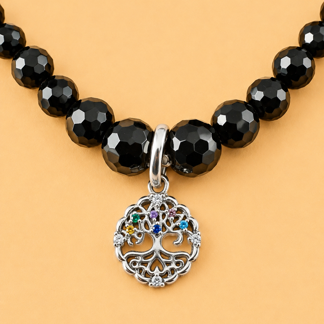 Bracelet en Onyx noir avec pendentif Arbre de Vie (protection, équilibre, épanouissement)