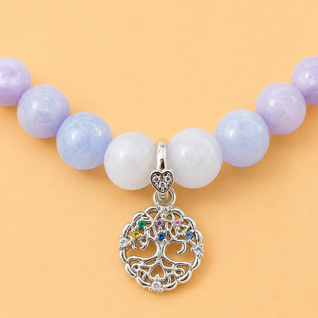 Bracelet en Angélite avec pendentif Arbre de Vie (Sérénité, harmonie, intuition, ancrage, évolution)