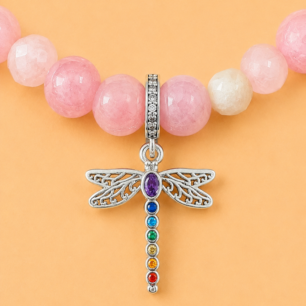 Bracelet en Quartz rose de Madagascar avec pendentif Libellule (protection, transformation, amour)