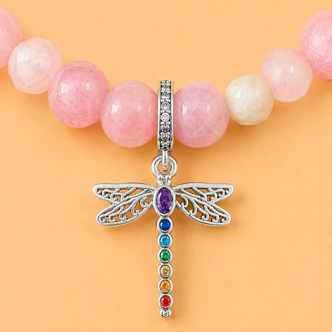 Bracelet en Quartz rose de Madagascar avec pendentif Libellule (protection, transformation, amour)