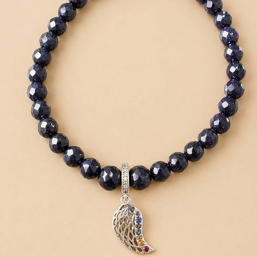 Bracelet en Aventurine et Sable Bleu avec pendentif Aile d'ange (Protection, estime de soi, guidance, liberté)