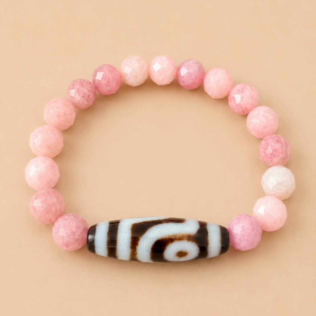 Amulette DZI Deux yeux (Amour et harmonie) Agate/ Quartz rose de Madagascar
